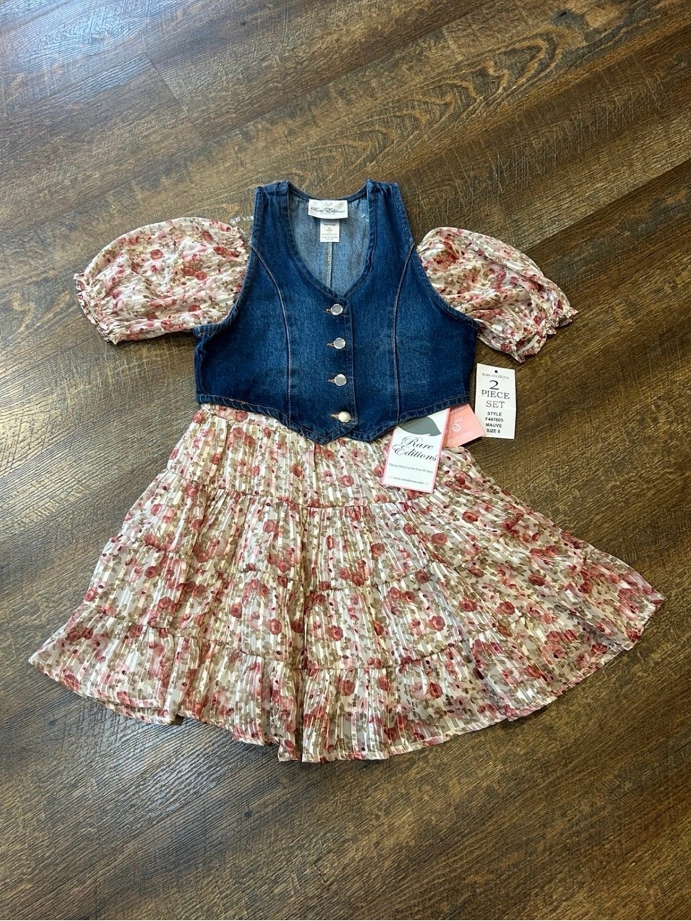 Rare Editions Denim Vest & Pink Floral Pleated Dress Set